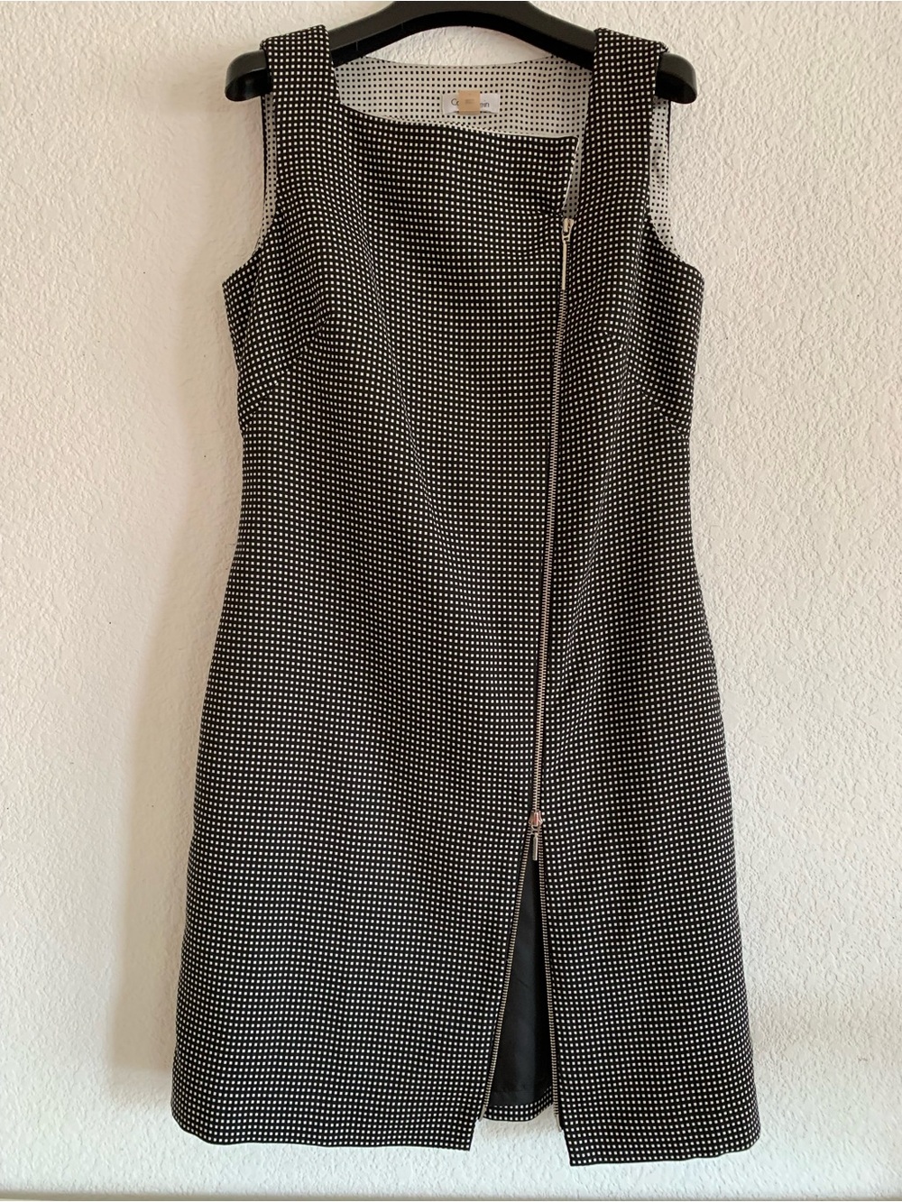 Calvin Klein Black & White Micro Square Print Sleeveless Zip-Front Sheath Dress